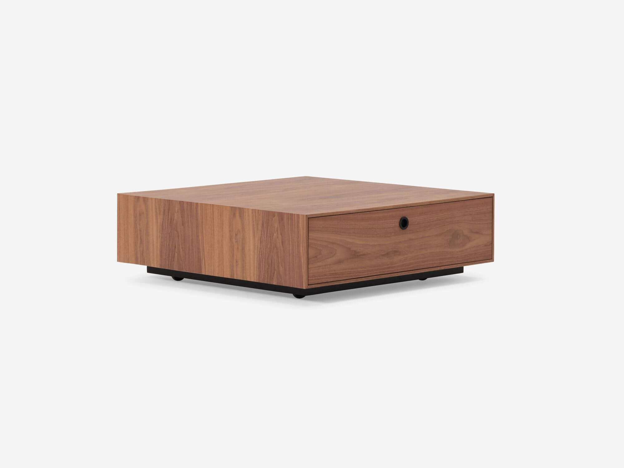 Front angle view of walnut mid century square coffee table